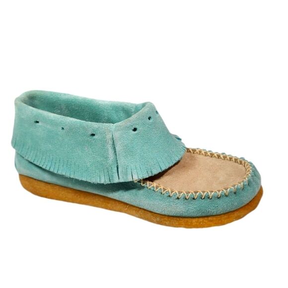 Vintage Style Suede Moccasin Ankle Booties Cream Turquoise Blue Boho Fringe‎ 6 - Picture 1 of 15